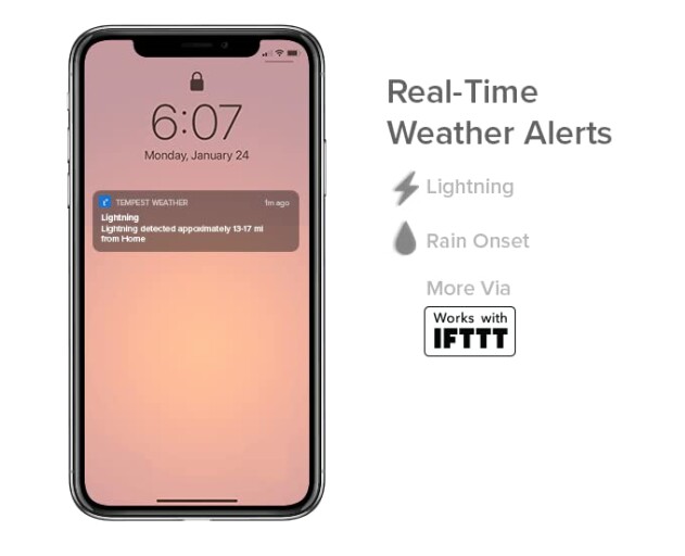 Weather sensor device next to smartphone displaying weather app.