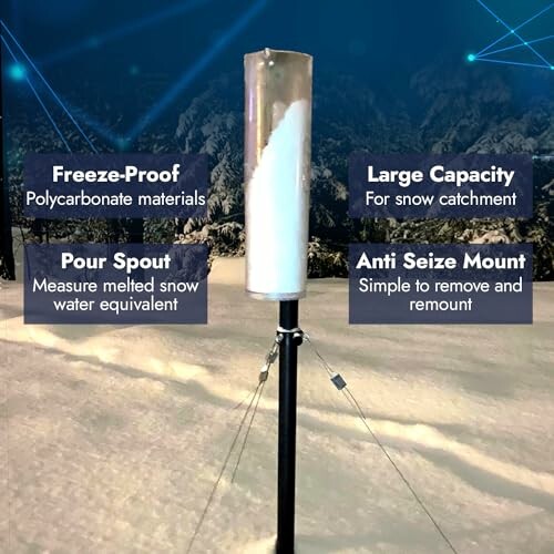Snow gauge with features: freeze-proof, large capacity, pour spout, anti-seize mount.