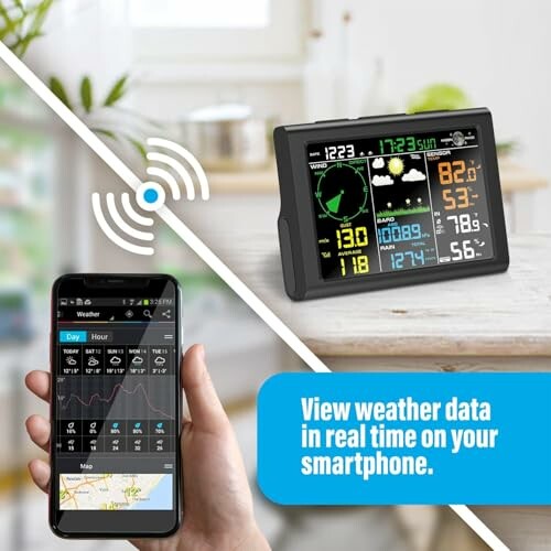 Weather station display with smartphone sync feature.